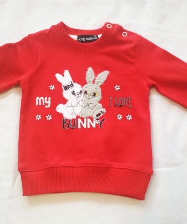 Комплект за бебе момиче в червено и тъмносиньо с шита щампа на зайчета .