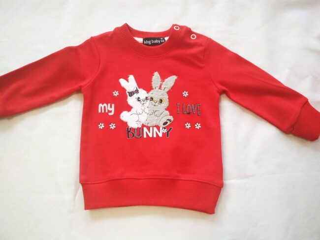 Комплект за бебе момиче в червено и тъмносиньо с шита щампа на зайчета .