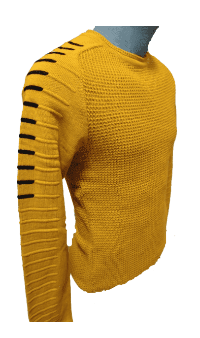Мъжки пуловер в цвят горчица с черен акцент на ръкавите