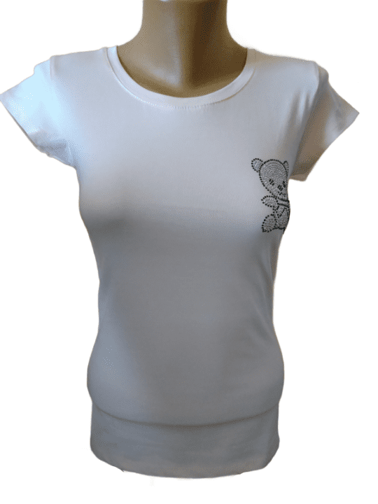 Светлорозова тениска с щампа с блестящи камъни мече