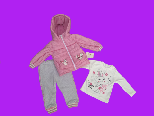 Сет от три части за бебе момиче с розово ватирано яке
