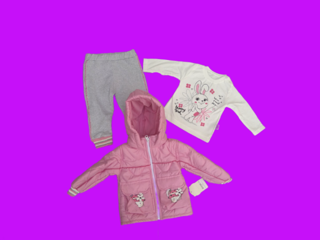 Сет от три части за бебе момиче с розово ватирано яке